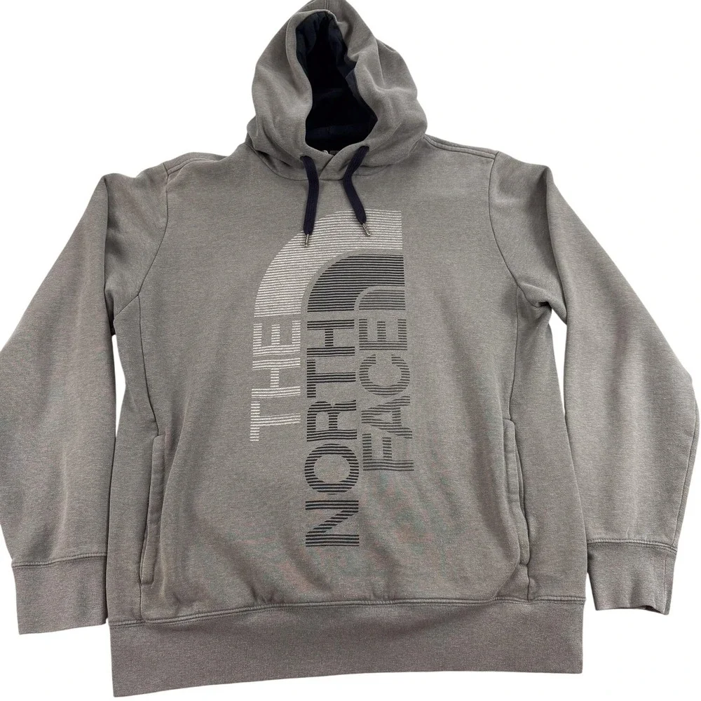 The North Face Hoodie Mens Large Gray Pullover Fleece Sweatshirt‎ Vertical Logo